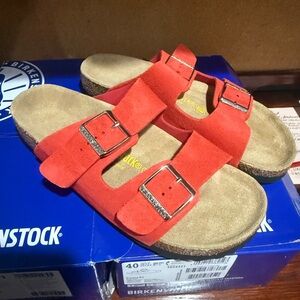 Birkenstock Kids Red Suede Two-Strap Sandals
